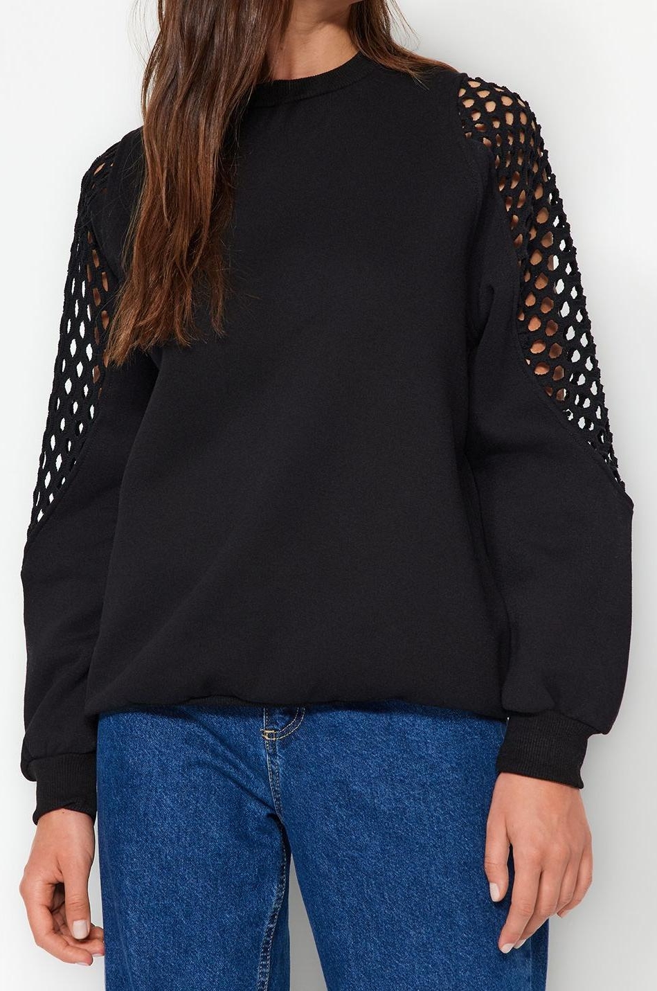 Bisiklet Yaka Düşük Kol File Detaylı Kalın İçi Polarlı Normal Kalıp Örme Sweatshirt