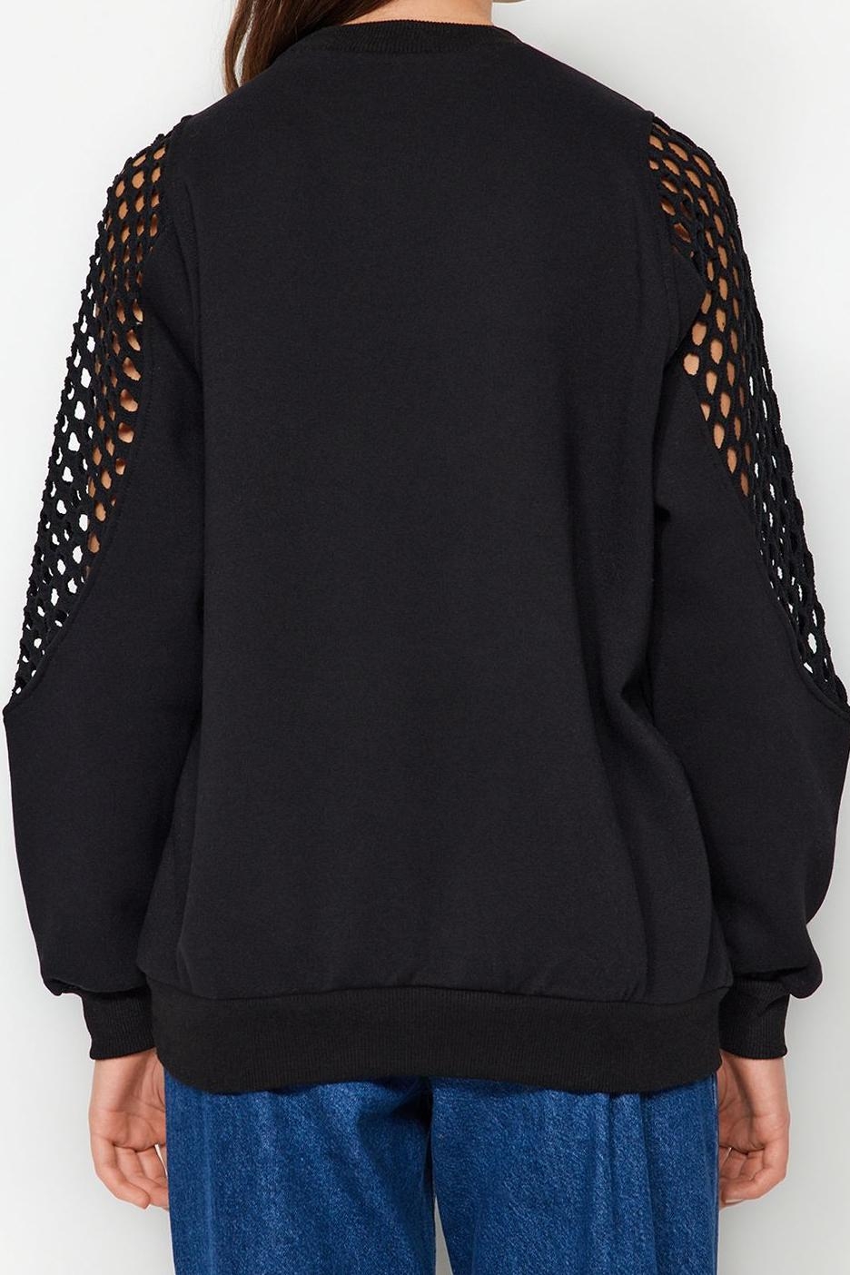 Bisiklet Yaka Düşük Kol File Detaylı Kalın İçi Polarlı Normal Kalıp Örme Sweatshirt
