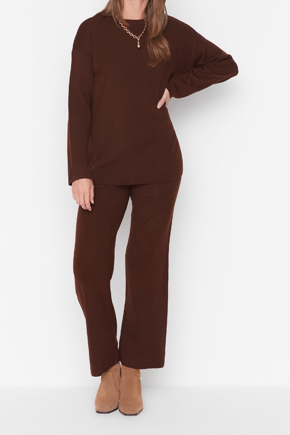 Tarz Kadın Modern Moda Normal Bel Geniş Paça Bisiklet Yaka Basic Triko Alt-Üst Takım