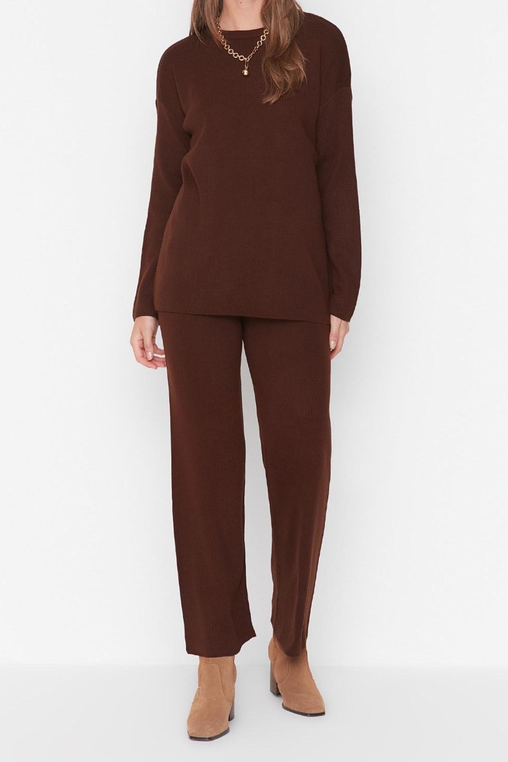 Tarz Kadın Modern Moda Normal Bel Geniş Paça Bisiklet Yaka Basic Triko Alt-Üst Takım