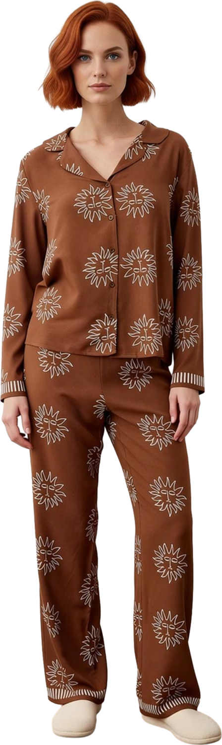 Kadın Güneş Baskılı Gömlek ve Pantolon Pijama Takımı Fonksiyonel Dayanıklı Kaliteli Modern