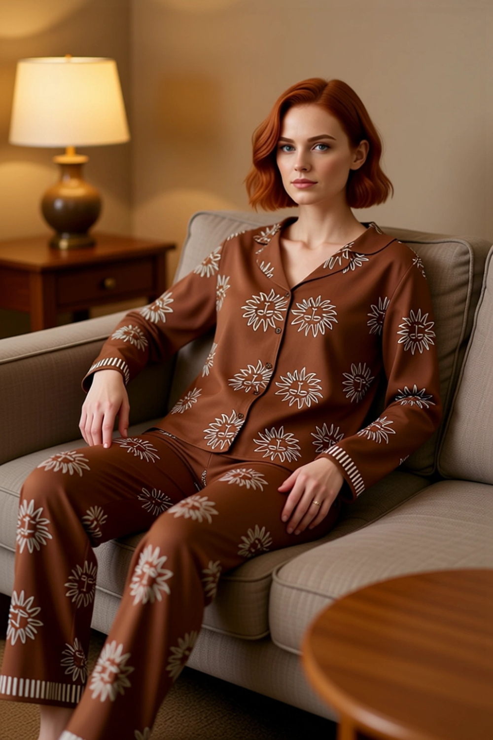 Kadın Güneş Baskılı Gömlek ve Pantolon Pijama Takımı Fonksiyonel Dayanıklı Kaliteli Modern