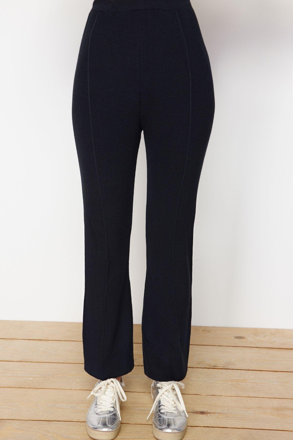 Tarz Kadın Modern Normal Bel Boru Paça Bisiklet Yaka Pamuklu İnce Bluz Pantalon Triko Alt-Üst Takım