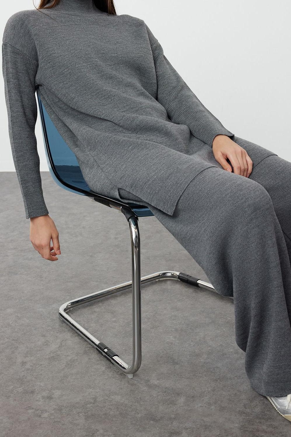 Tarz Kadın Modern Moda Normal Bel Geniş Paça Balıkçı Yaka Yırtmaçlı Geniş Paça Triko Alt-Üst Takım