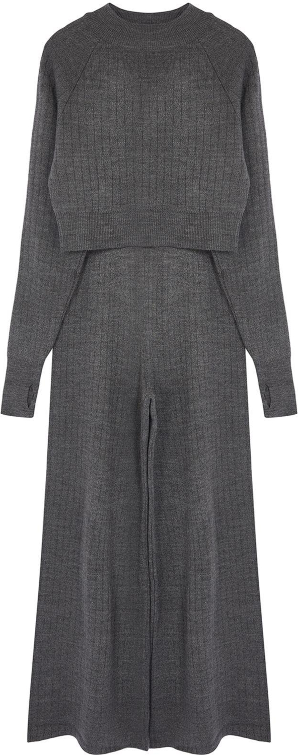 Tarz Kadın Modern Moda Normal Bel Boru Paça Dik Yaka Crop Parmak Detaylı Triko Alt-Üst Takım