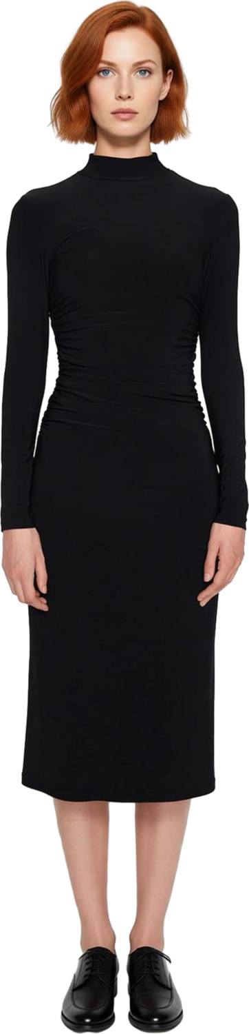 Kadın Uzun Kollu Bodycon Siluet Dik Yaka Midi Örme Elbise Drape Detaylı Kışlık Şıklık Kaliteli