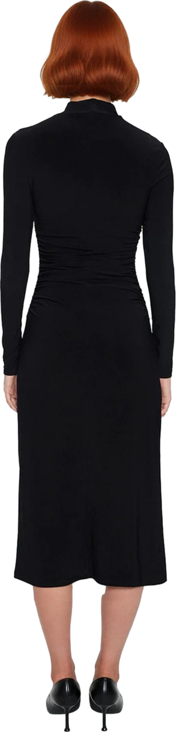 Kadın Uzun Kollu Bodycon Siluet Dik Yaka Midi Örme Elbise Drape Detaylı Kışlık Şıklık Kaliteli