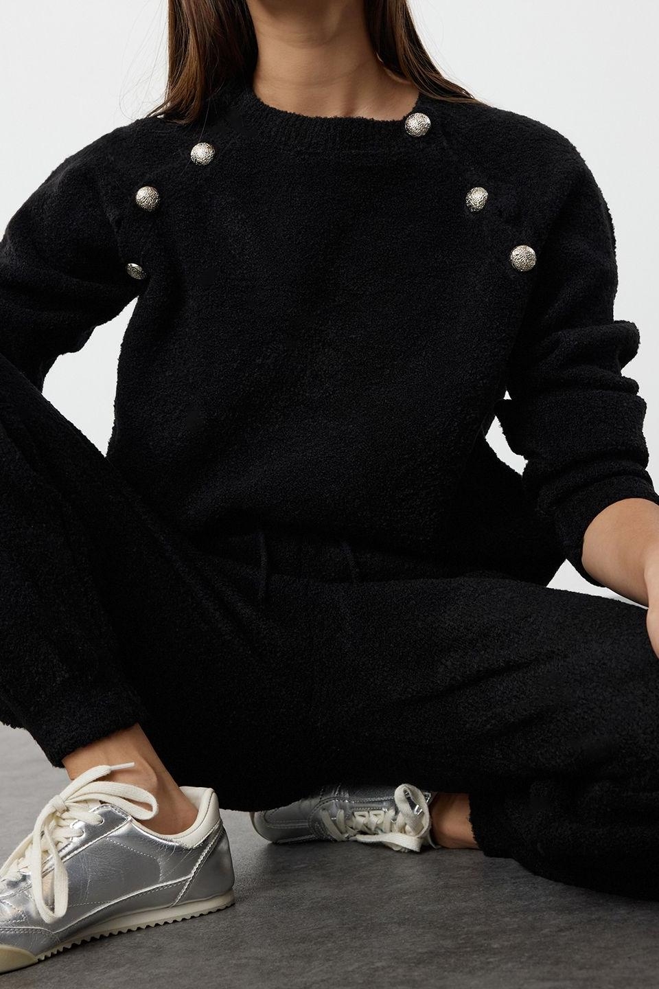 Tarz Kadın Modern Moda Normal Bel Boru Paça Bisiklet Yaka Buklet İplikli Triko Alt-Üst Takım