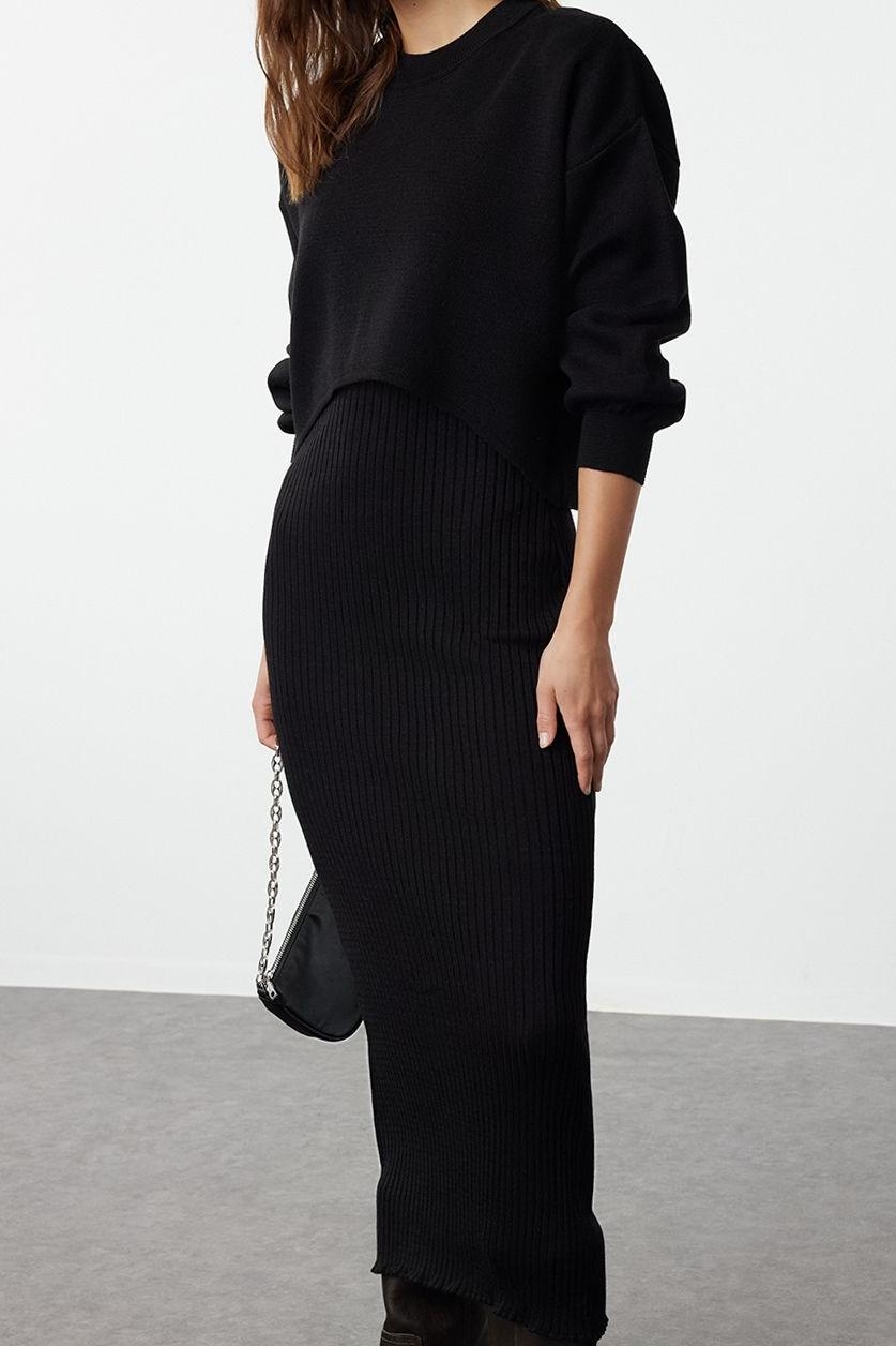 Moda Stil Regular Bisiklet Yaka Midi Boy Triko Kazak-Elbise Takım