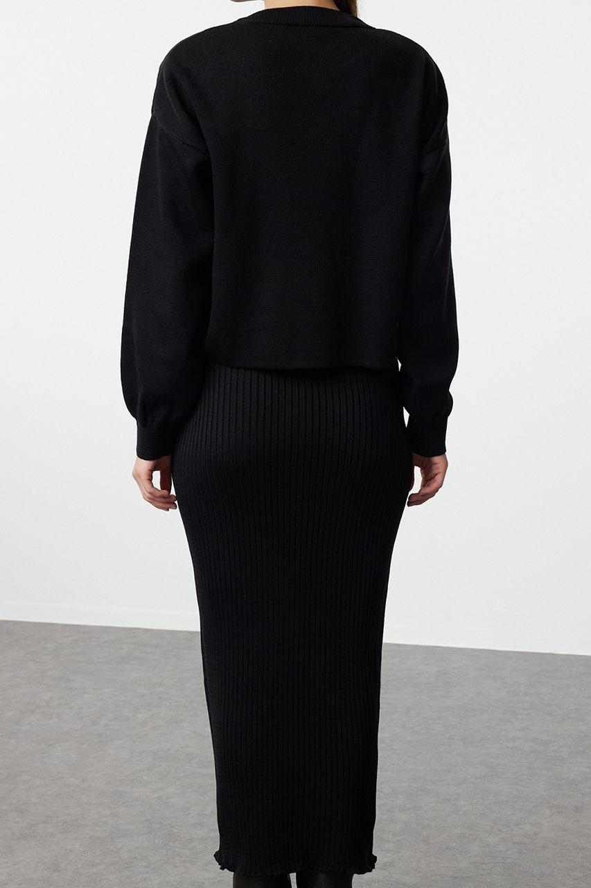 Moda Stil Regular Bisiklet Yaka Midi Boy Triko Kazak-Elbise Takım