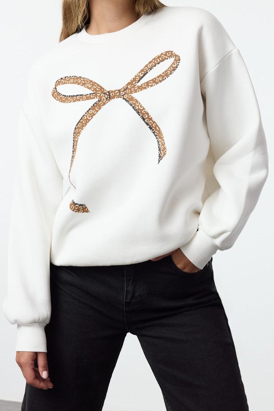 Tarz Bol Bisiklet Yaka Düşük Kol Uzun Baskılı Geniş Kalıp Kalın İçi Polarlı Örme Sweatshirt