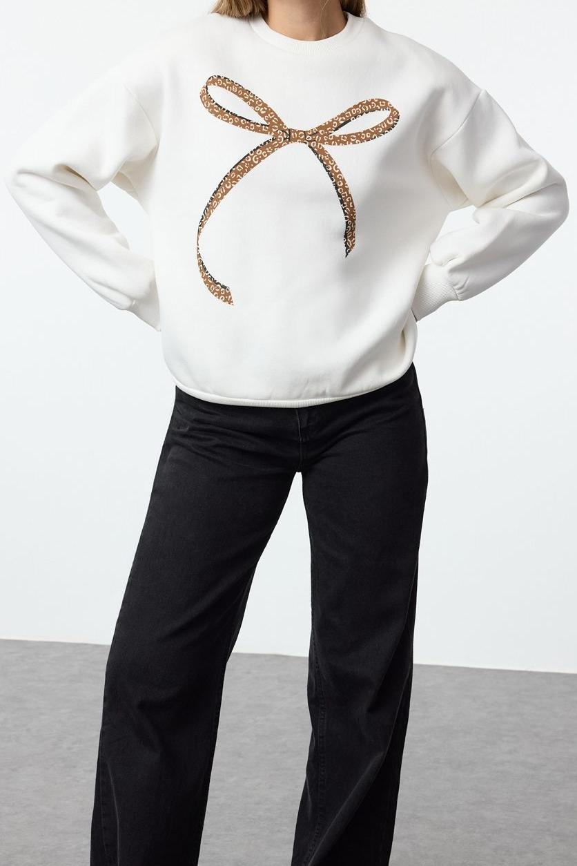 Tarz Bol Bisiklet Yaka Düşük Kol Uzun Baskılı Geniş Kalıp Kalın İçi Polarlı Örme Sweatshirt