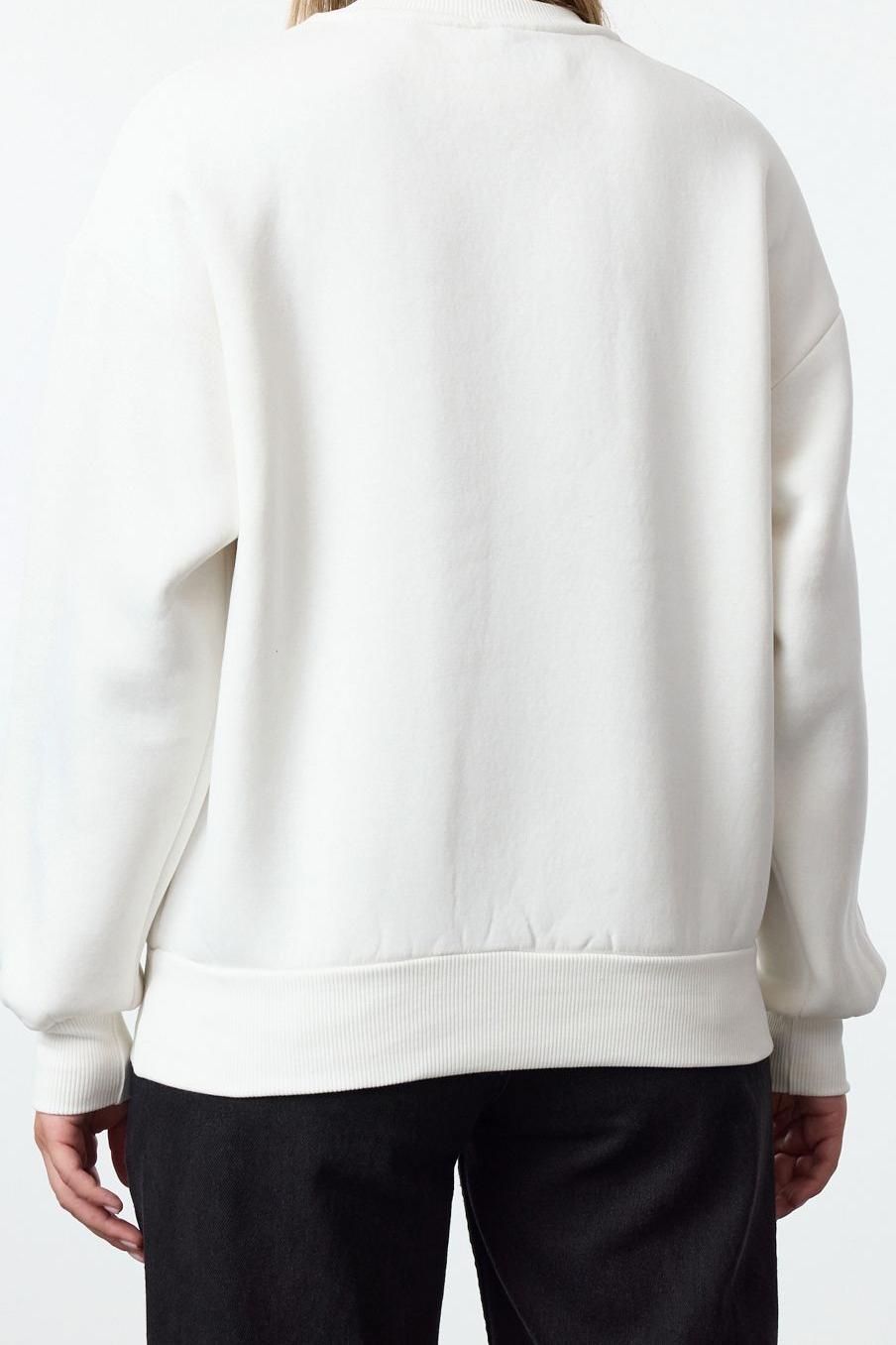 Tarz Bol Bisiklet Yaka Düşük Kol Uzun Baskılı Geniş Kalıp Kalın İçi Polarlı Örme Sweatshirt