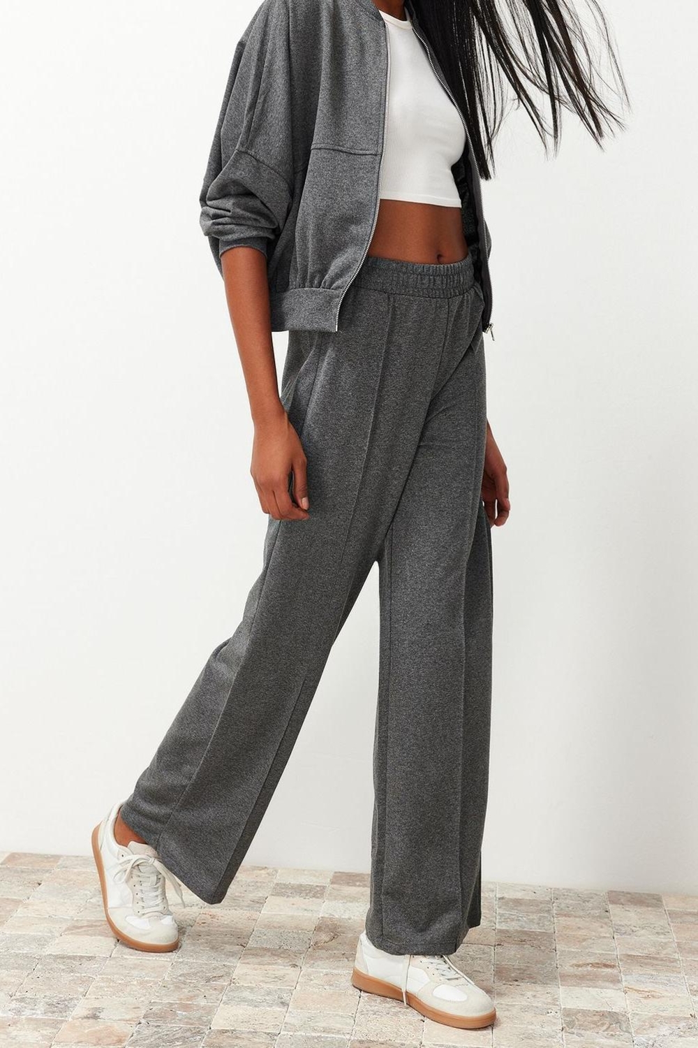 Tarz Kadın Normal Bel Boru Paça Fermuarlı Dik Yaka Örme Sweatshirt Pantolon Alt-Üst Takım