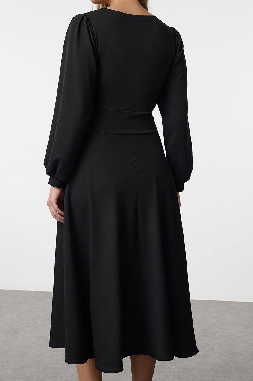 Moda Stil Relaxed Bisiklet Yaka Maxi Boy Fermuarlı Balon Kol Eteği Fırfırlı Örme Elbise