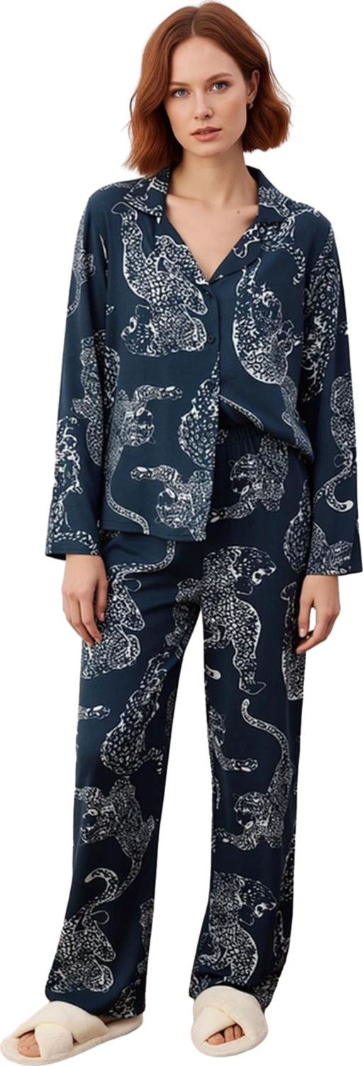 Kadın Viskon Dokuma Pijama Takımı Kaplan Desenli Antrasit Fonksiyonel Dayanıklı Kaliteli Şık