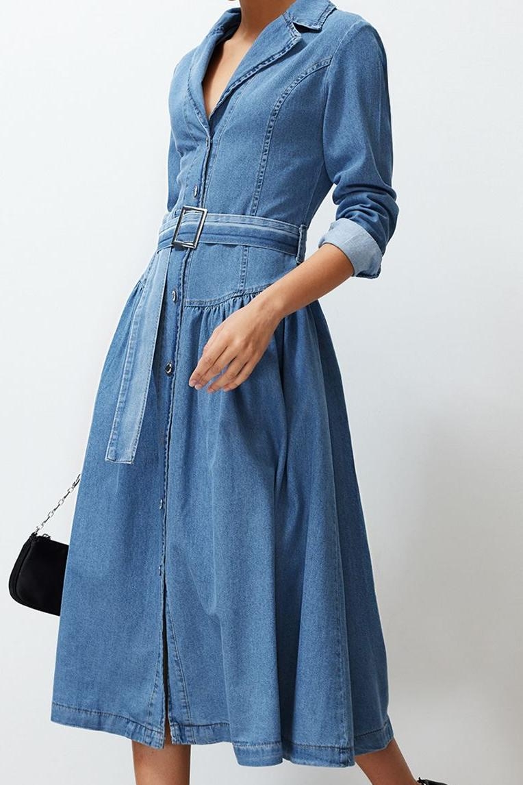 Kadın Denim Maxi Elbise Kemer Tokalı Ceket Yaka Uzun Standart Kol %100 Pamuk Astarsız Kaliteli