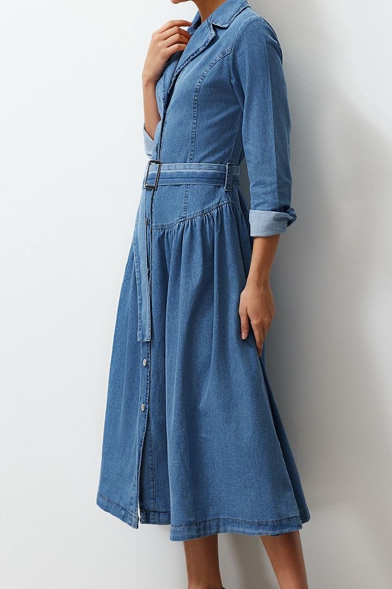 Kadın Denim Maxi Elbise Kemer Tokalı Ceket Yaka Uzun Standart Kol %100 Pamuk Astarsız Kaliteli