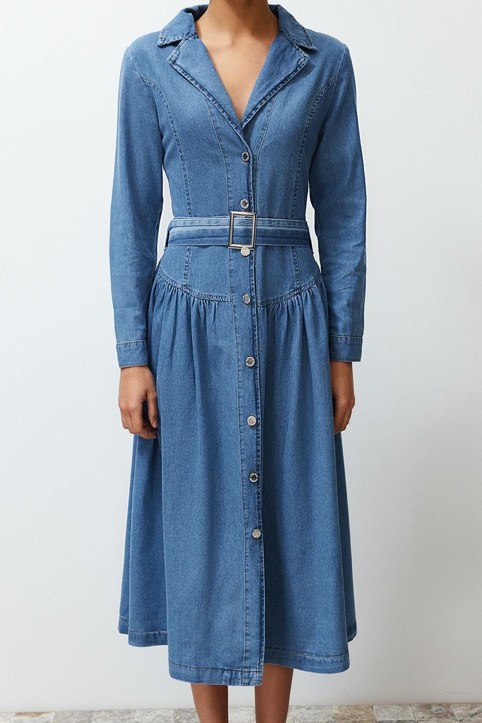 Kadın Denim Maxi Elbise Kemer Tokalı Ceket Yaka Uzun Standart Kol %100 Pamuk Astarsız Kaliteli