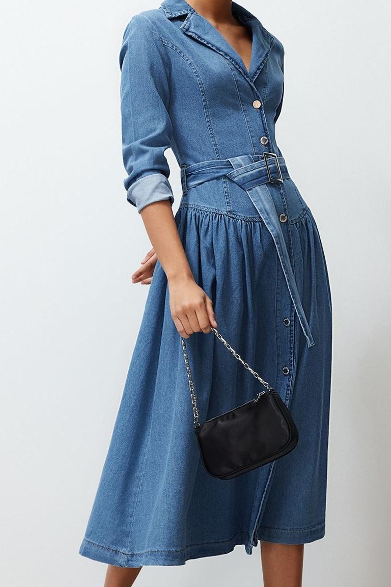 Kadın Denim Maxi Elbise Kemer Tokalı Ceket Yaka Uzun Standart Kol %100 Pamuk Astarsız Kaliteli