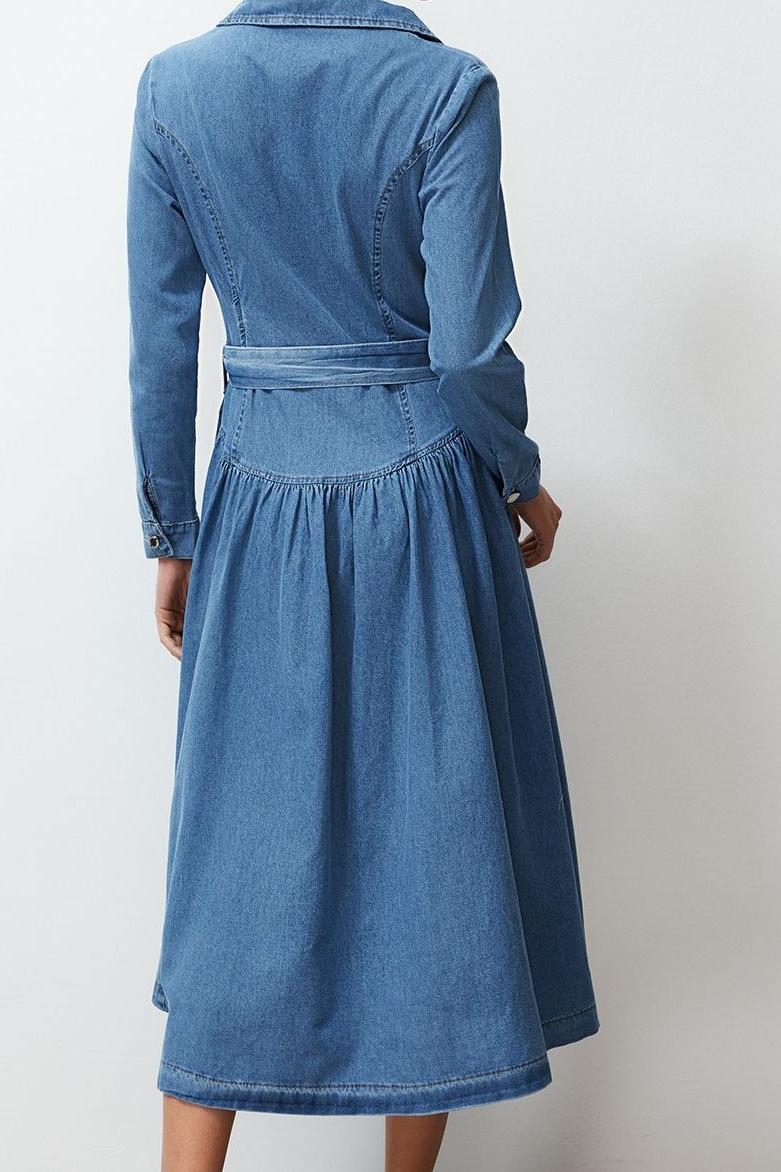 Kadın Denim Maxi Elbise Kemer Tokalı Ceket Yaka Uzun Standart Kol %100 Pamuk Astarsız Kaliteli