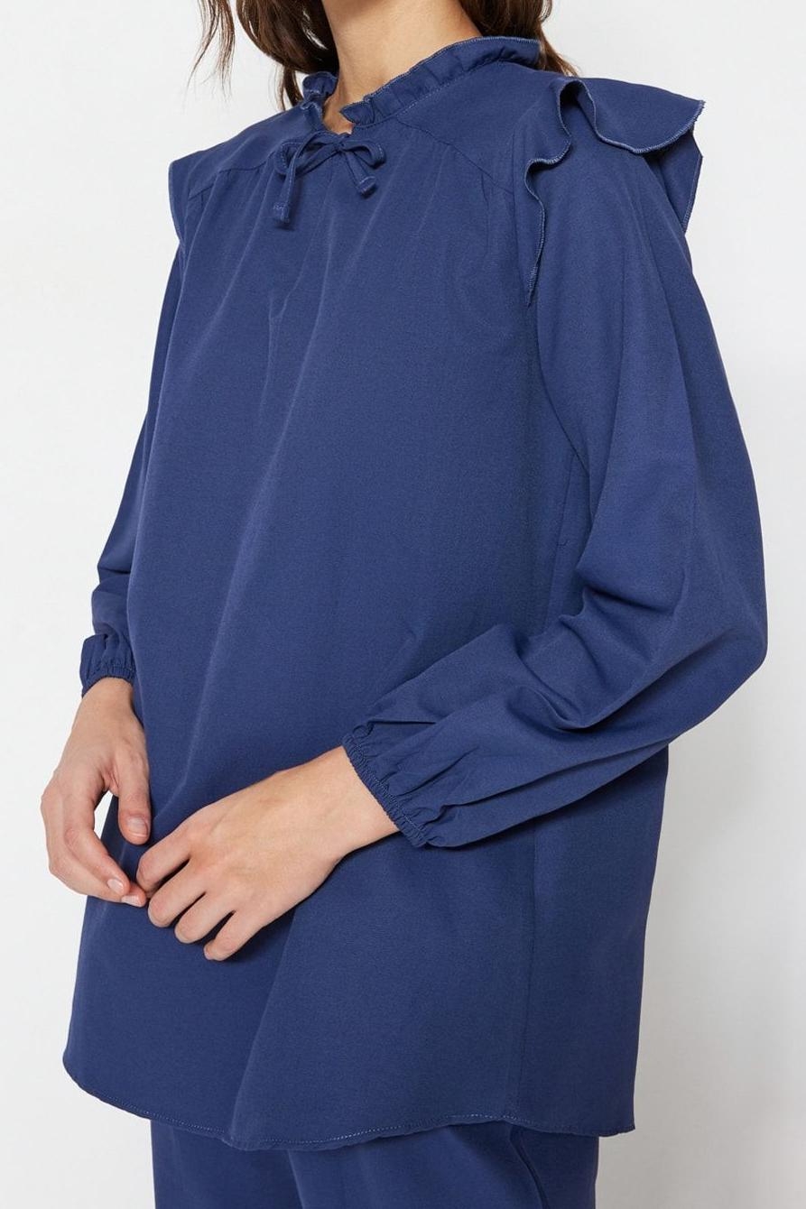 Tarz Kadın Modern Moda Yüksek Bel Lastikli Paça Bisiklet Yaka Denim Görünümlü Tunik-Pantolon Takım