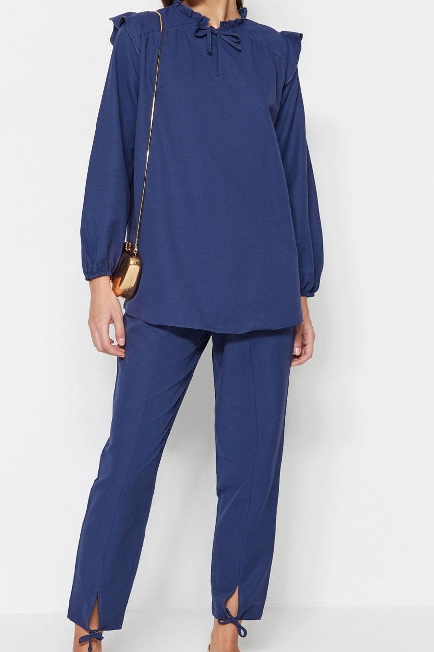 Tarz Kadın Modern Moda Yüksek Bel Lastikli Paça Bisiklet Yaka Denim Görünümlü Tunik-Pantolon Takım