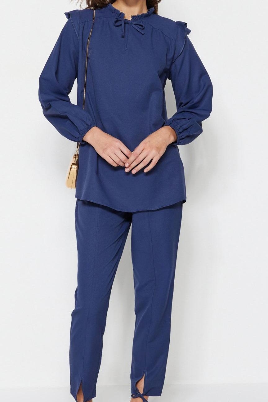 Tarz Kadın Modern Moda Yüksek Bel Lastikli Paça Bisiklet Yaka Denim Görünümlü Tunik-Pantolon Takım
