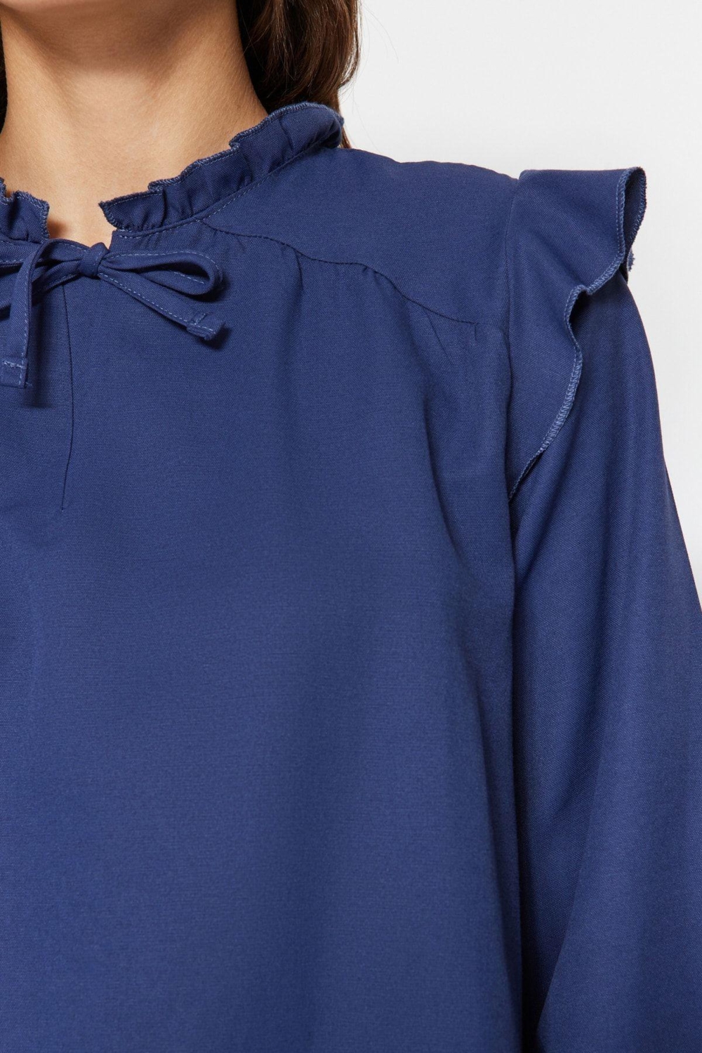 Tarz Kadın Modern Moda Yüksek Bel Lastikli Paça Bisiklet Yaka Denim Görünümlü Tunik-Pantolon Takım