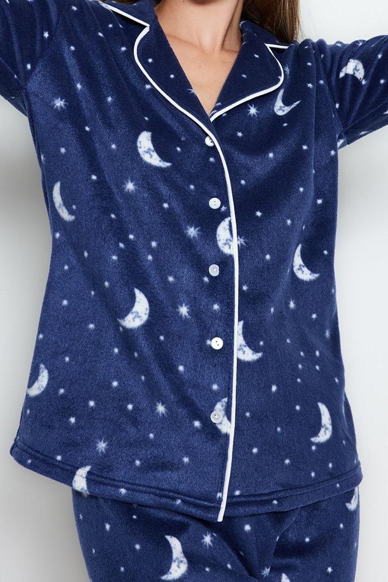 Tarz Rahat Uzun Kollu Boru Paça Ay Desenli Polar Kışlık Örme Pijama Takımı
