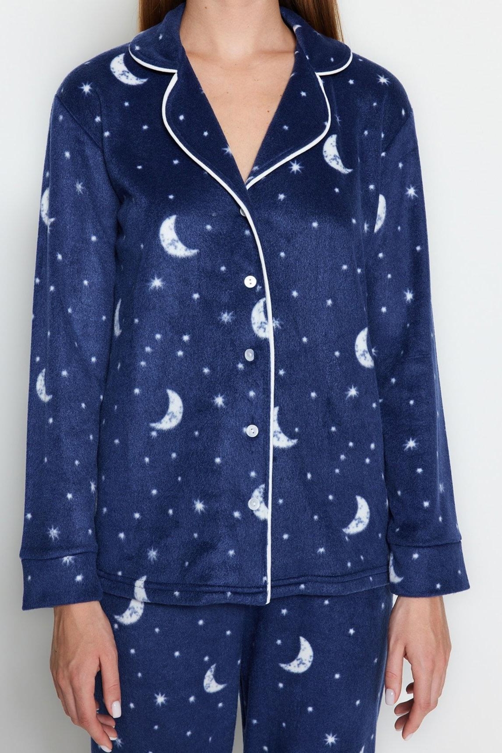 Tarz Rahat Uzun Kollu Boru Paça Ay Desenli Polar Kışlık Örme Pijama Takımı