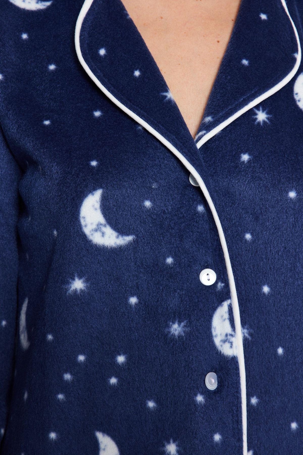 Tarz Rahat Uzun Kollu Boru Paça Ay Desenli Polar Kışlık Örme Pijama Takımı