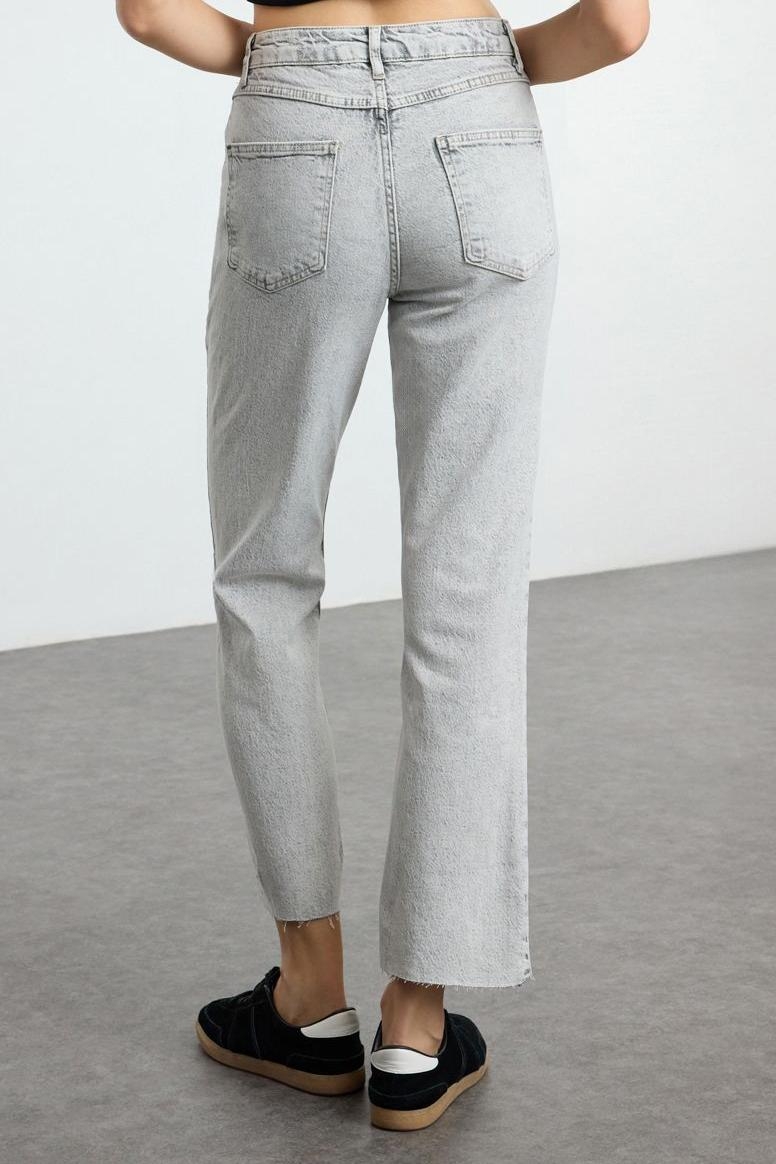 Stil Kadın Moda Denim Kot Pantolon Uzun Boru Paça Mavi Yüksek Bel Straight Jeans