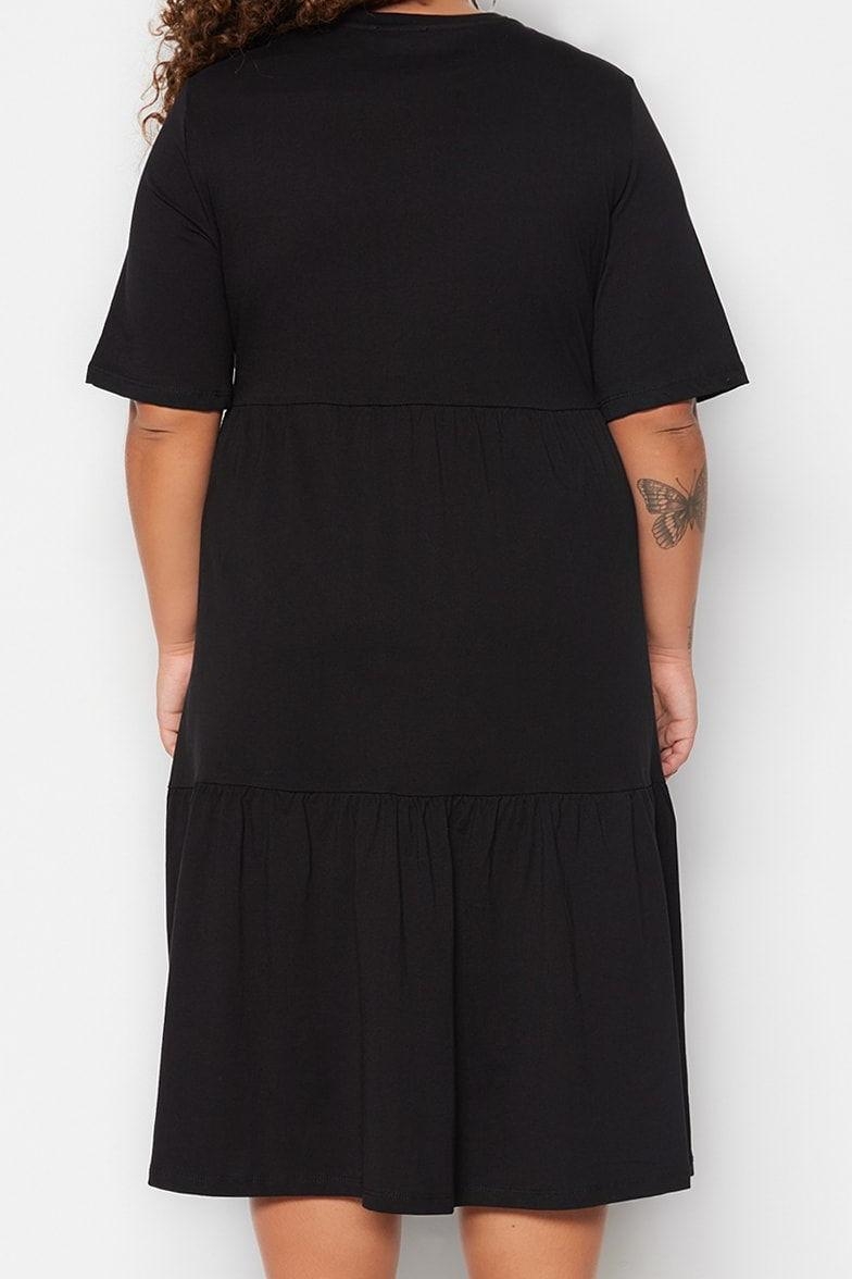 Moda Stil Relaxed Bisiklet Yaka Midi Boy Büyük Beden Volanlı %100 Pamuk Örme Elbise