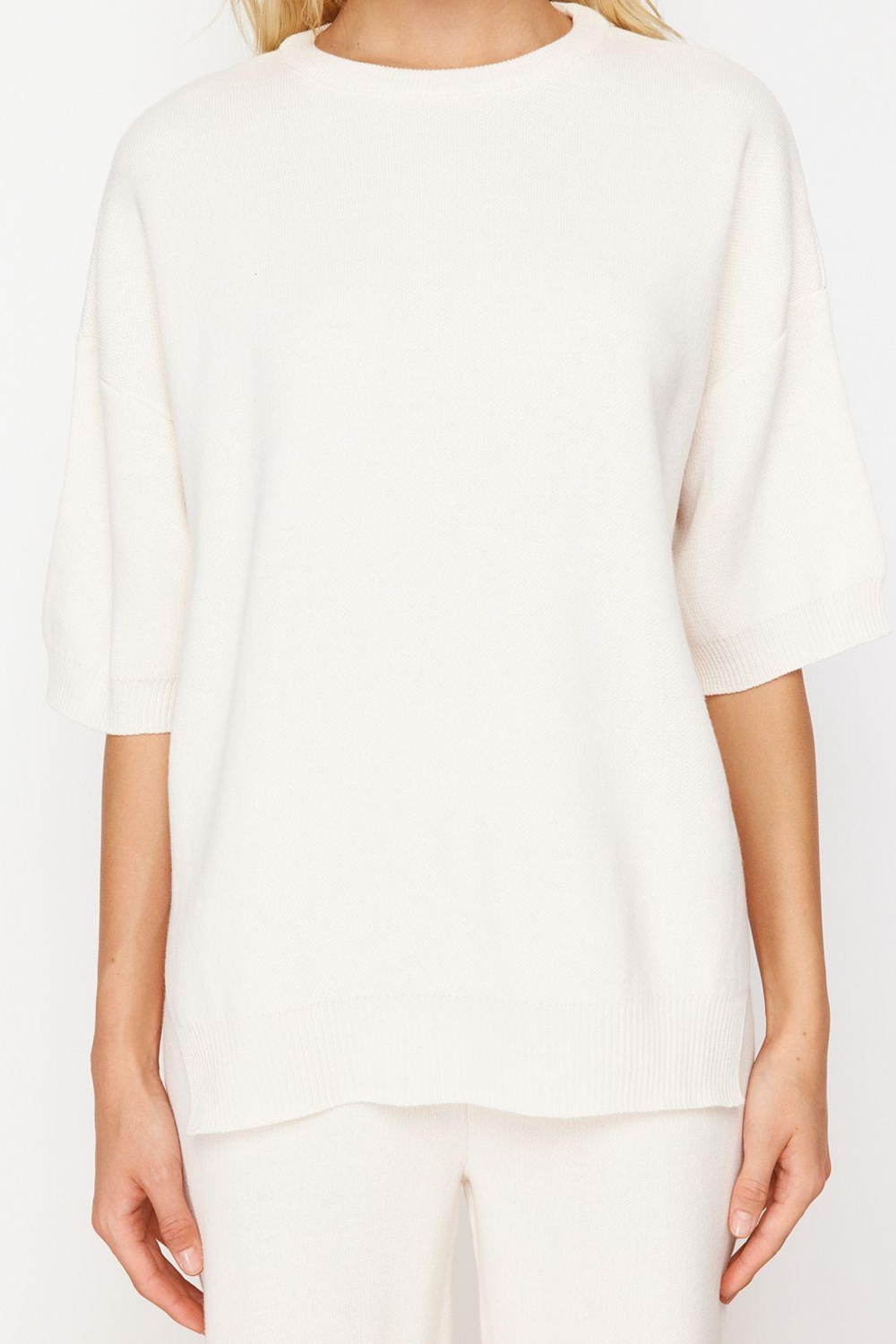 Tarz Kadın Modern Normal Bel Boru Paça Basic Kısa Kol T-Shirt Görünümlü Triko Alt-Üst Takım