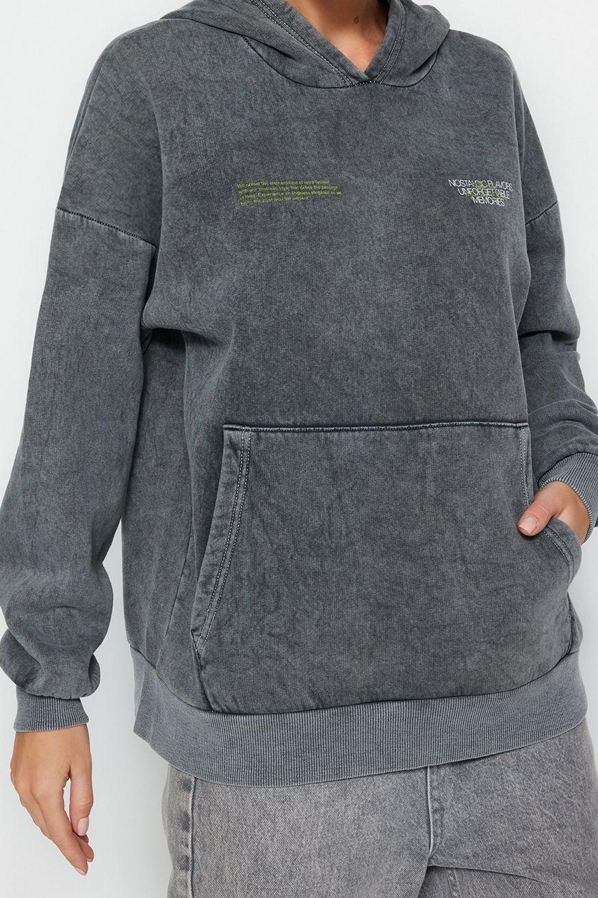 Tarz Bol Kapüşonlu Düşük Kol Uzun Kalın İçi Polarlı Yıkama Efektli Geniş Kalıp Örme Sweatshirt