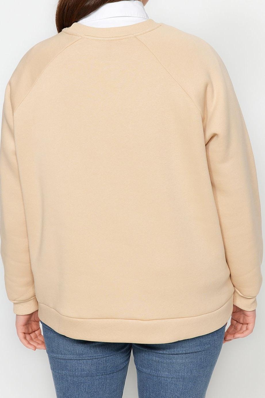 Büyük Beden Oversize Bisiklet Yaka Reglan Kol Kalın İçi Polarlı Nakış Detaylı Örme Sweatshirt