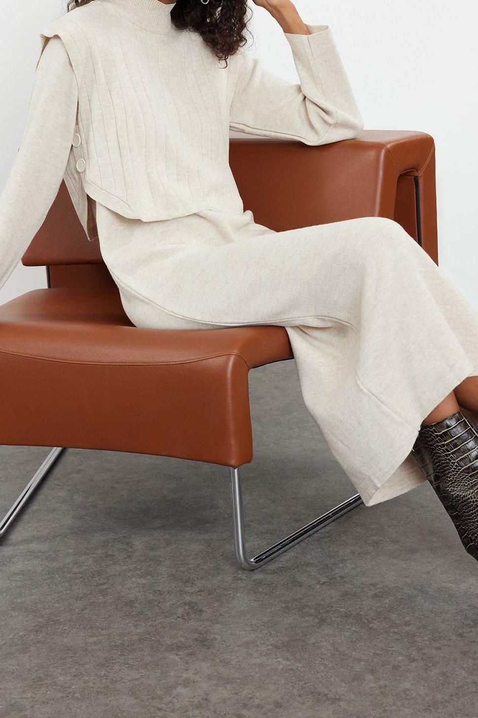 Tarz Kadın Modern Moda Normal Bel Boru Paça Dik Yaka Triko Süveter Elbise Takım