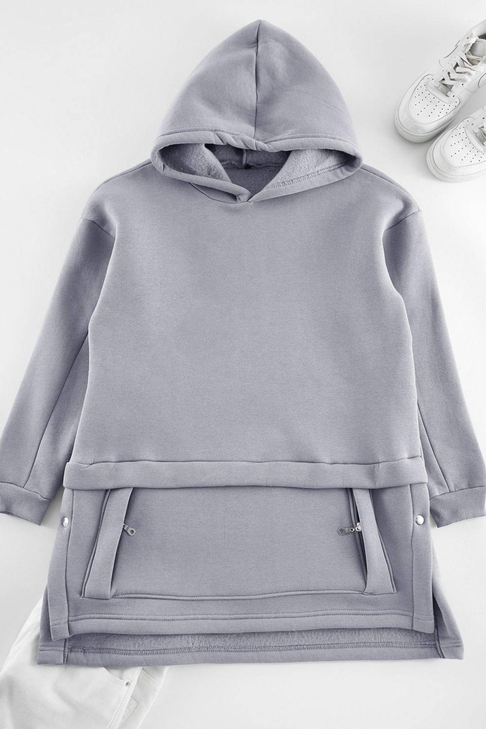 Tesettür Tarz Regular Kapüşonlu Düşük Kol Uzun Cep Detaylı Örme Sweatshirt