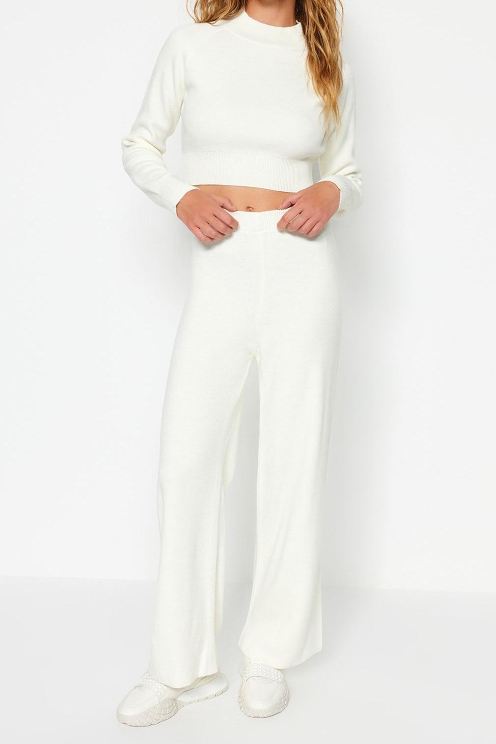 Tarz Kadın Modern Moda Normal Bel Boru Paça Bisiklet Yaka Crop Basic Triko Alt-Üst Takım