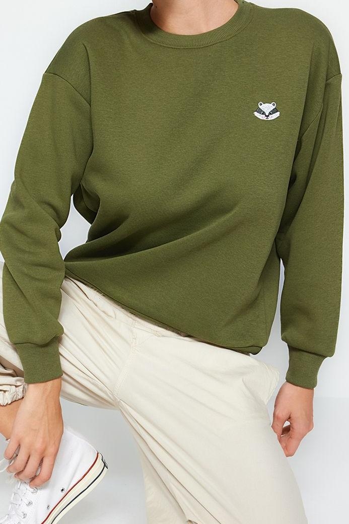 Bisiklet Yaka Standart Kol Animal Nakışlı Normal Kalıp Kalın İçi Polarlı Örme Sweatshirt