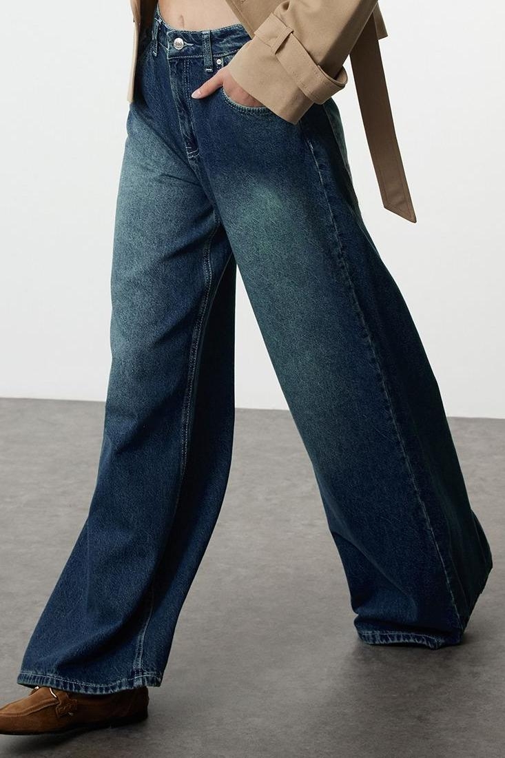 Kadın Palazzo Kesim Yüksek Bel Denim Pantolon Fonksiyonel Dayanıklı Kaliteli Konforlu Spor