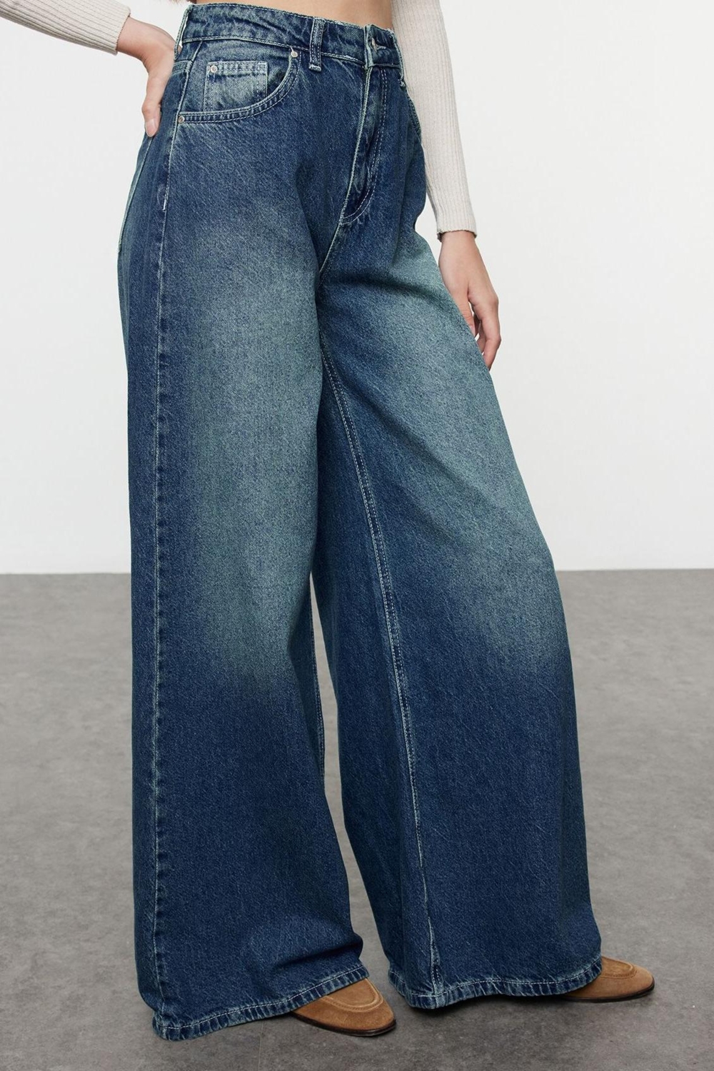 Kadın Palazzo Kesim Yüksek Bel Denim Pantolon Fonksiyonel Dayanıklı Kaliteli Konforlu Spor
