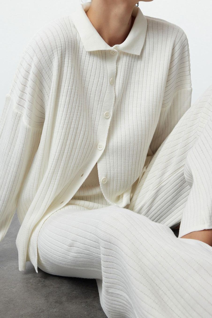 Tarz Kadın Modern Moda Normal Bel Boru Paça Polo Yaka Basic Polo Yaka Triko Alt-Üst Takım