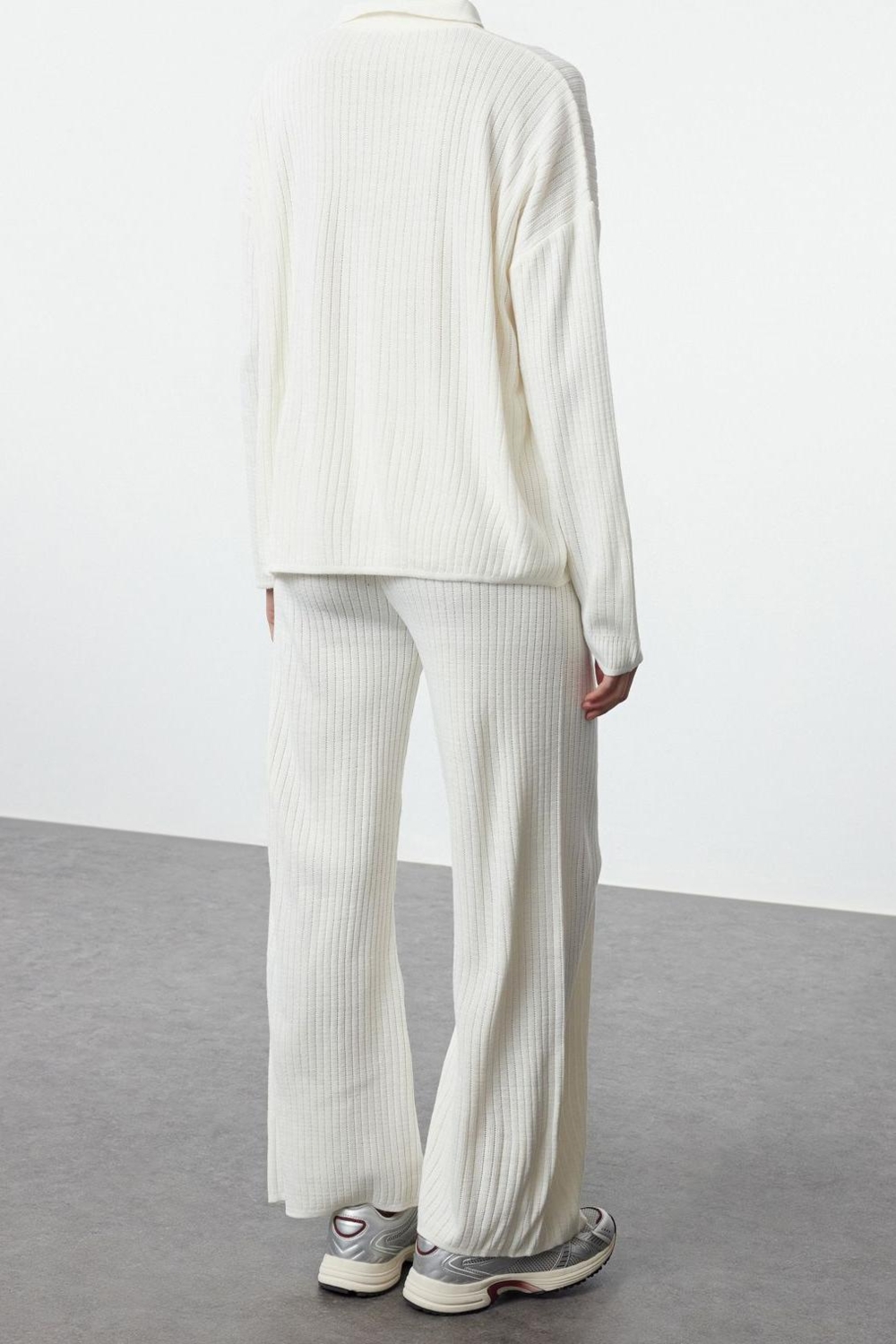 Tarz Kadın Modern Moda Normal Bel Boru Paça Polo Yaka Basic Polo Yaka Triko Alt-Üst Takım