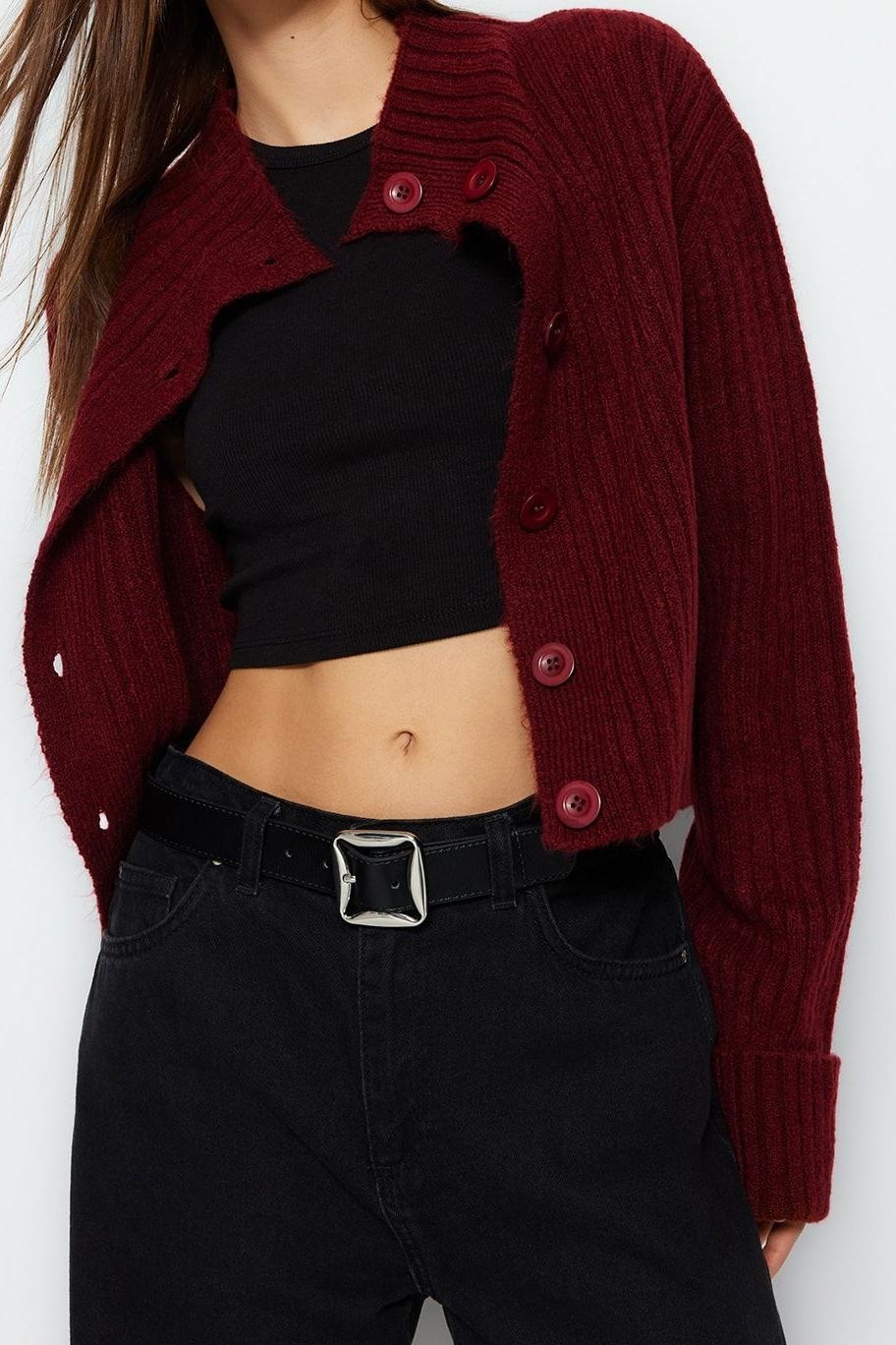 Kadın Modern Tarz Regular Dik Yaka Crop Triko Hırka