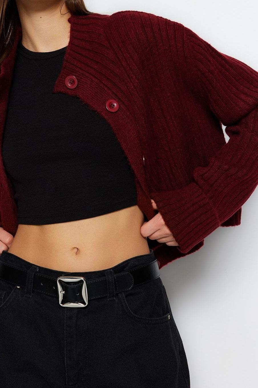Kadın Modern Tarz Regular Dik Yaka Crop Triko Hırka