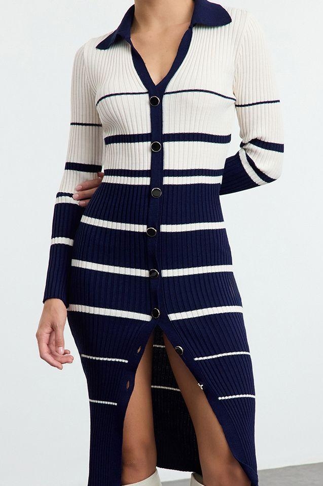 Moda Stil Slim Polo Yaka Midi Boy Triko Renk Bloklu Çizgili Elbise