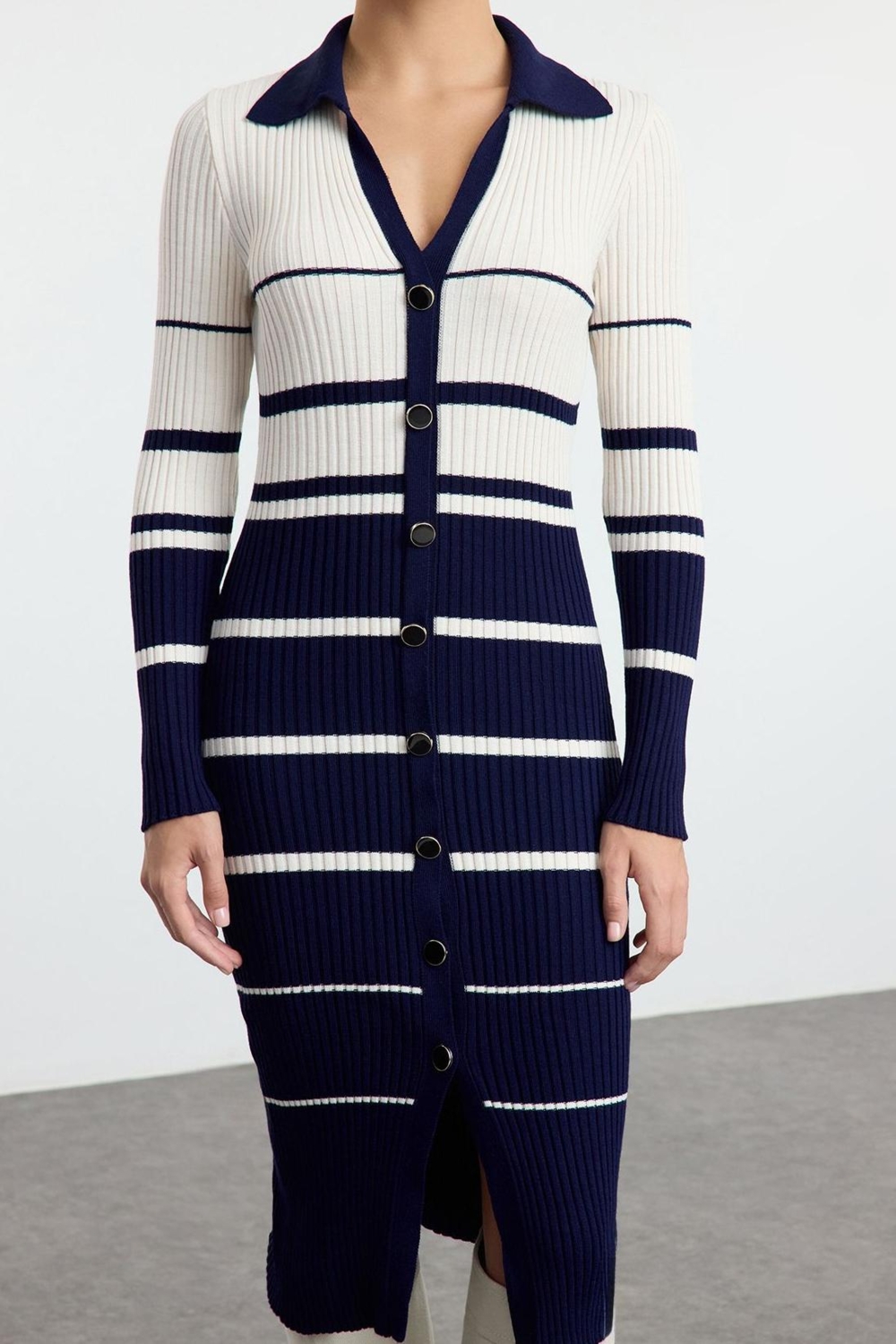 Moda Stil Slim Polo Yaka Midi Boy Triko Renk Bloklu Çizgili Elbise
