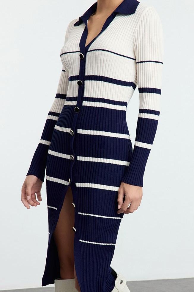 Moda Stil Slim Polo Yaka Midi Boy Triko Renk Bloklu Çizgili Elbise